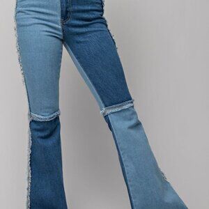 EASEL Color Block Dark Denim Flare Jeans S/M/L